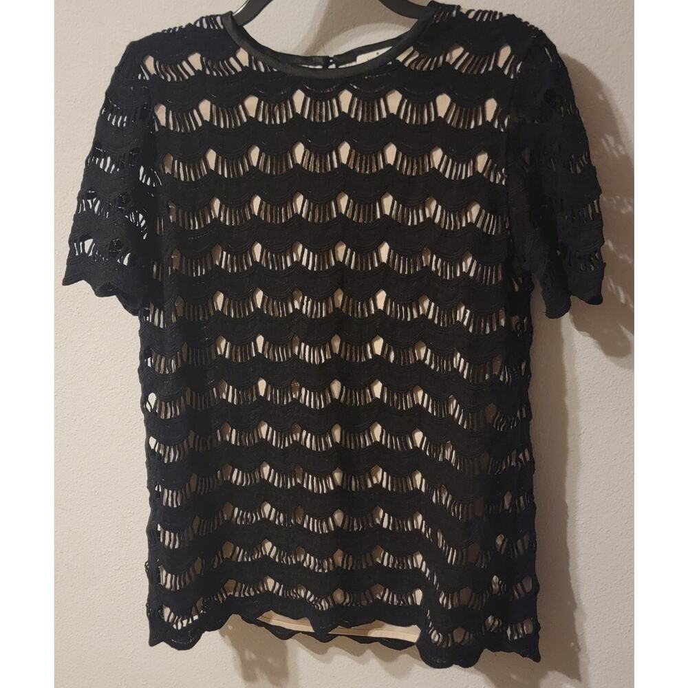Kate Spade Women Size 8 Lined Top Blouse Short Sleeve Scallop Button Round Neck